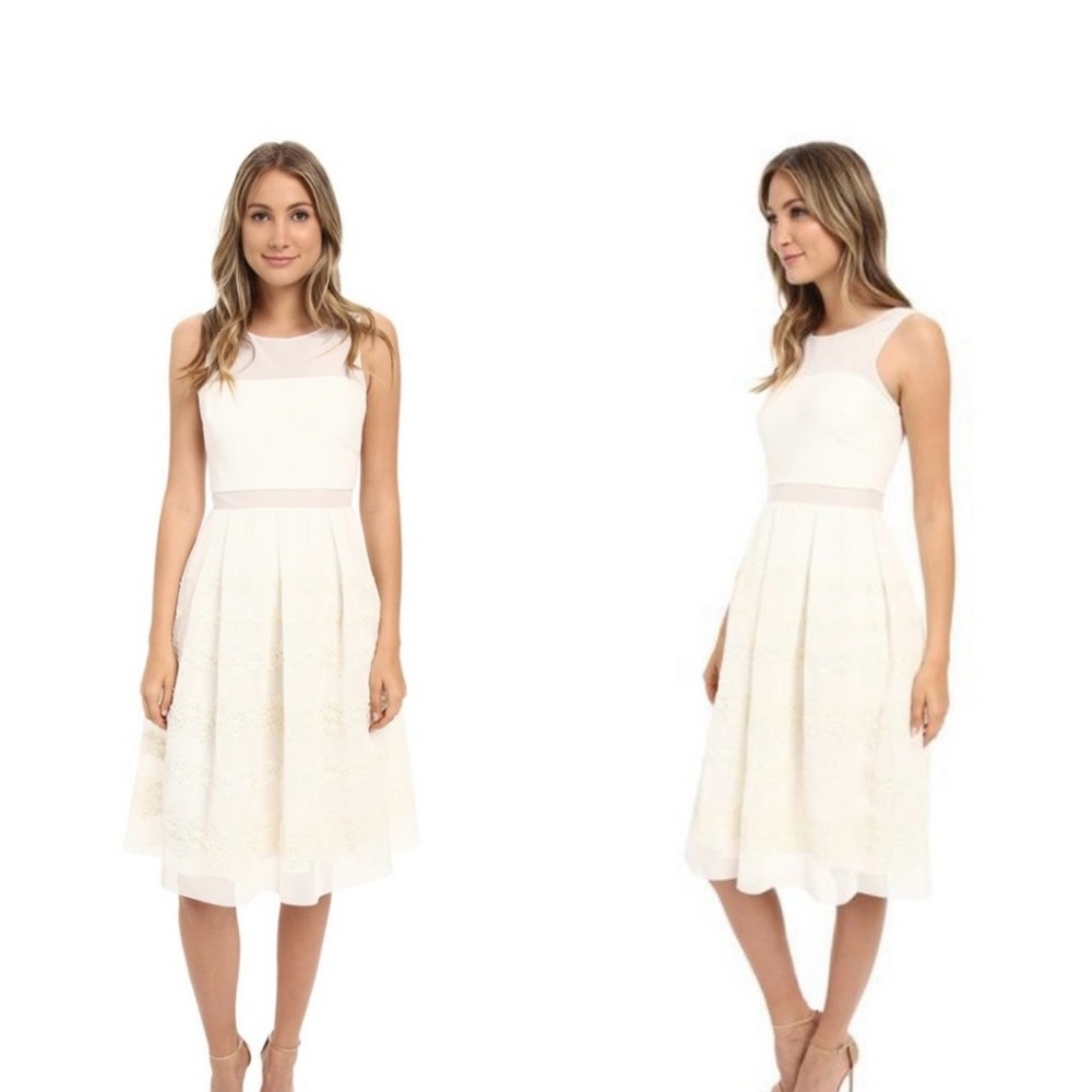 Badgley Mischka Pleated Lace Midi Elegant Dress